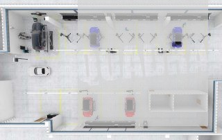 render di una progettazione e allestimento di officina meccanica