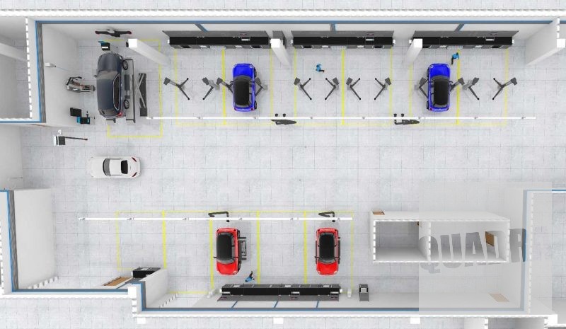 render di una progettazione e allestimento di officina meccanica